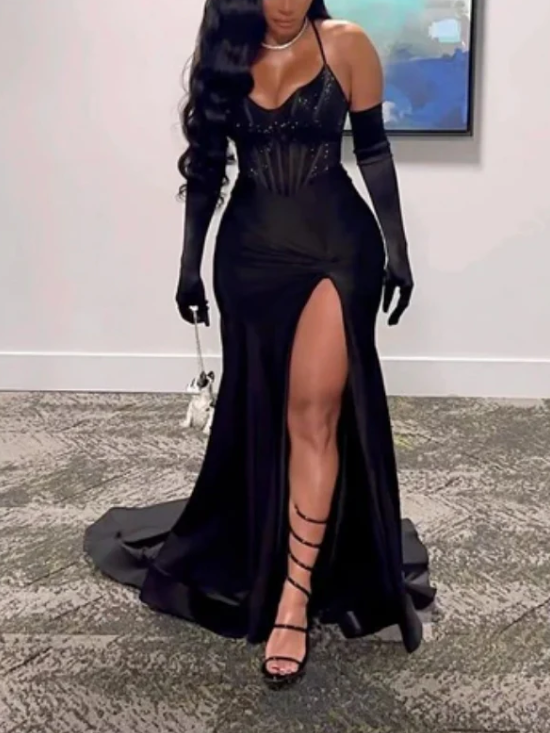 Elegant Black Sequin Prom Dress Sheath Evening Gown Long Party Dress High Slit Formal Dress TP4746