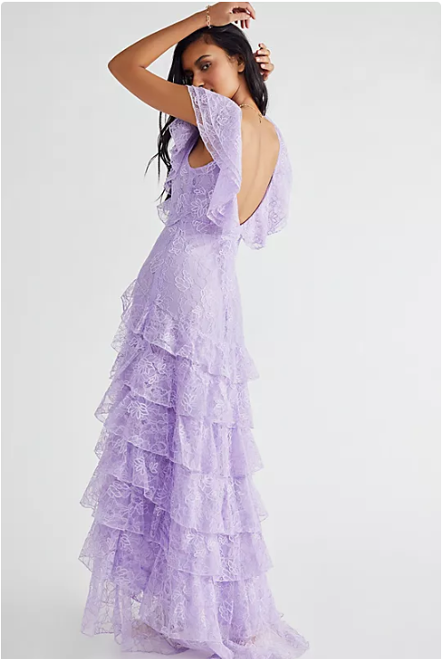 Elegant Lilac V-neck Prom Dress Lace Sheath Evening Gown Long Party Dress Tiered Formal Dress TP4745
