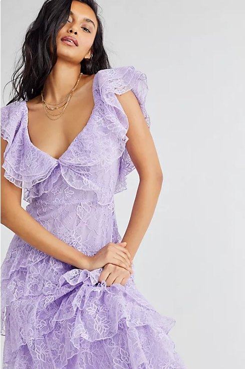Elegant Lilac V-neck Prom Dress Lace Sheath Evening Gown Long Party Dress Tiered Formal Dress TP4745
