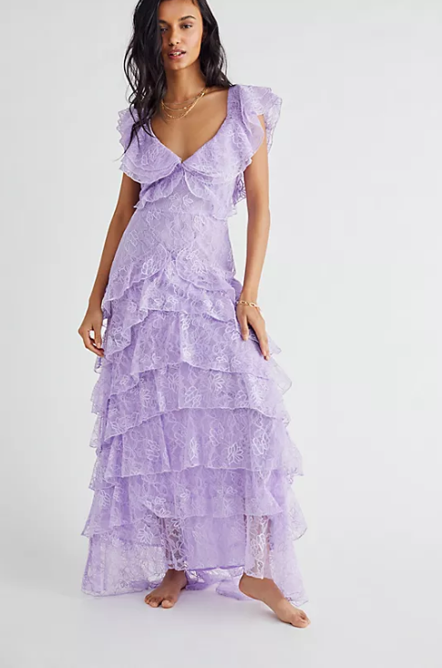 Elegant Lilac V-neck Prom Dress Lace Sheath Evening Gown Long Party Dress Tiered Formal Dress TP4745