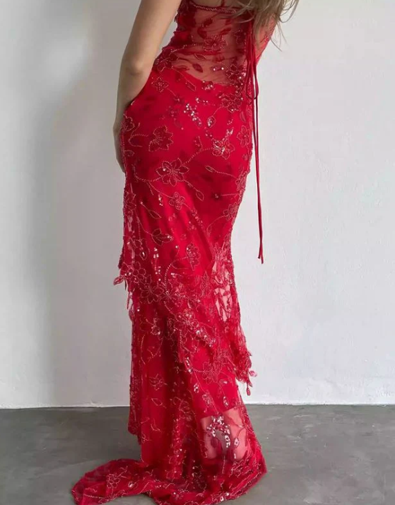 Elegant Red Lace Prom Dress Sequin Sheath Evening Gown Long Party Dress Spaghetti Strap Formal Dress TP4744