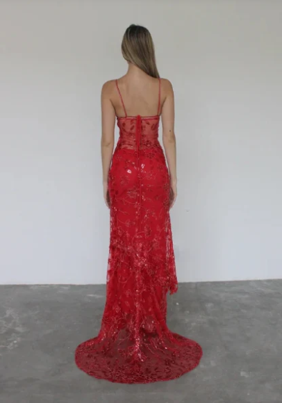 Elegant Red Lace Prom Dress Sequin Sheath Evening Gown Long Party Dress Spaghetti Strap Formal Dress TP4744