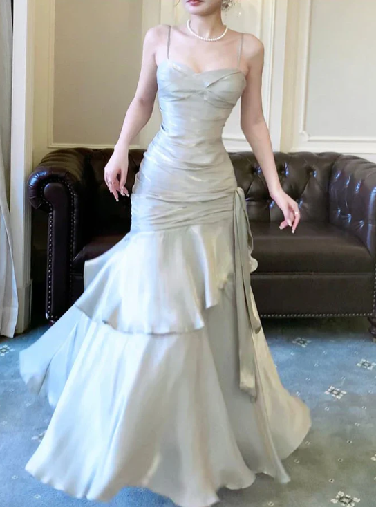 Elegant Gray Satin Prom Dress Mermaid Evening Gown Long Party Dress Spaghetti Strap Formal Dress TP4743