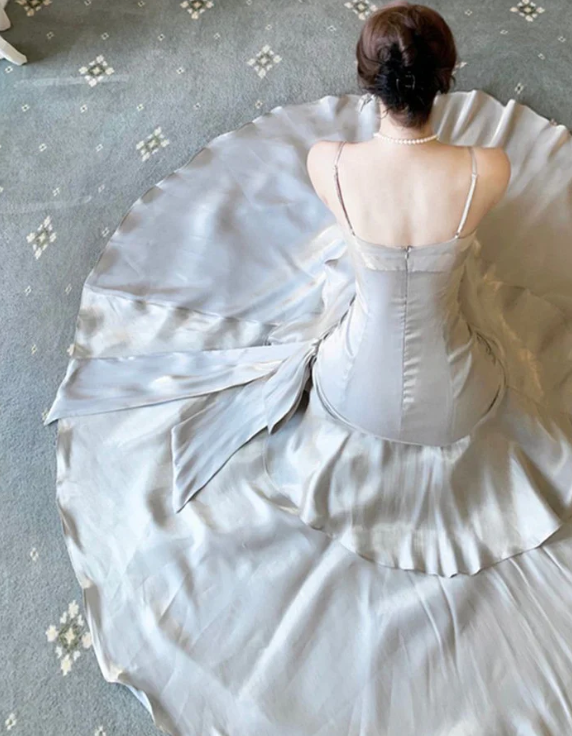 Elegant Gray Satin Prom Dress Mermaid Evening Gown Long Party Dress Spaghetti Strap Formal Dress TP4743