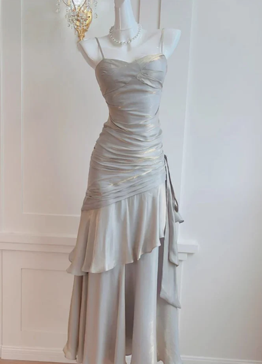 Elegant Gray Satin Prom Dress Mermaid Evening Gown Long Party Dress Spaghetti Strap Formal Dress TP4743