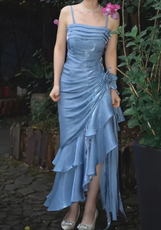 Elegant Chiffon Prom Dress Sheath Evening Gown Party Dress Spaghetti Strap Formal Dress TP4742