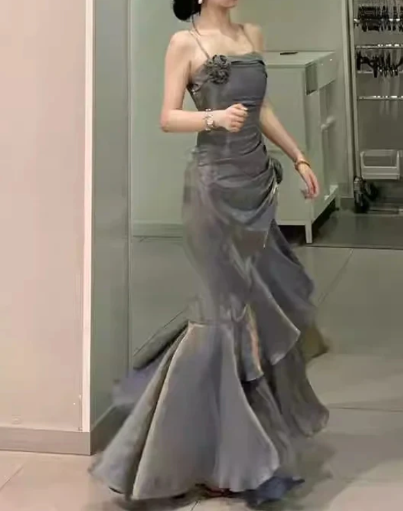Elegant 3D Flower Satin Prom Dress Mermaid Evening Gown Party Dress Spaghetti Strap Formal Dress TP4741