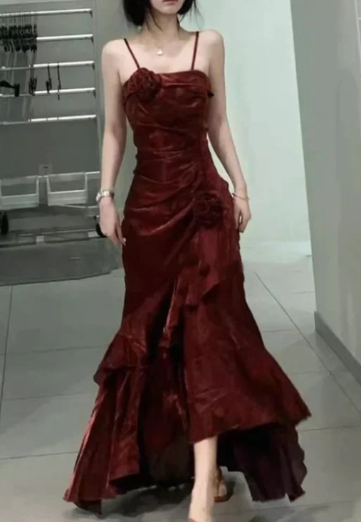 Elegant 3D Flower Satin Prom Dress Mermaid Evening Gown Party Dress Spaghetti Strap Formal Dress TP4741