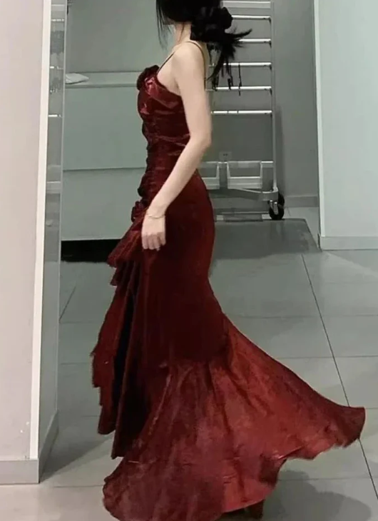 Elegant 3D Flower Satin Prom Dress Mermaid Evening Gown Party Dress Spaghetti Strap Formal Dress TP4741