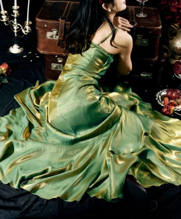 Elegant 3D Flower Satin Prom Dress Mermaid Evening Gown Party Dress Spaghetti Strap Formal Dress TP4741