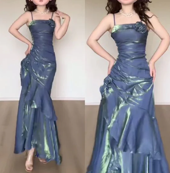 Elegant 3D Flower Satin Prom Dress Mermaid Evening Gown Party Dress Spaghetti Strap Formal Dress TP4741
