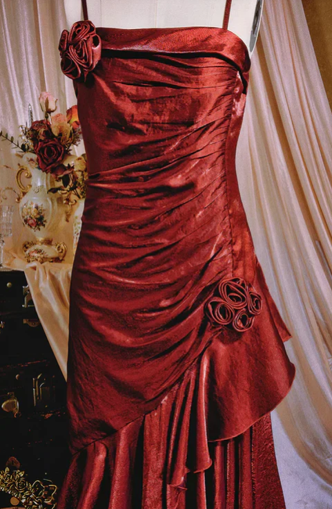 Elegant 3D Flower Satin Prom Dress Mermaid Evening Gown Party Dress Spaghetti Strap Formal Dress TP4741