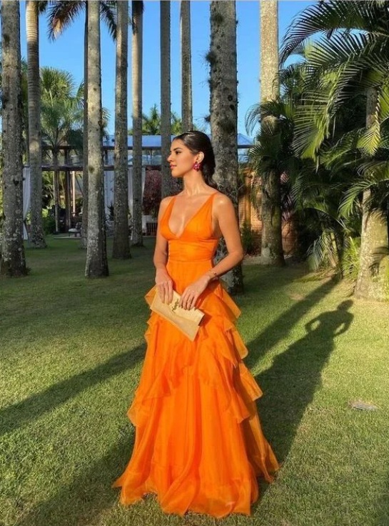 Elegant Orange V-neck Prom Dress A-Line Ruffles Evening Gown Chiffon Party Dress Wedding Guest Dress Long Formal Dress TP4734