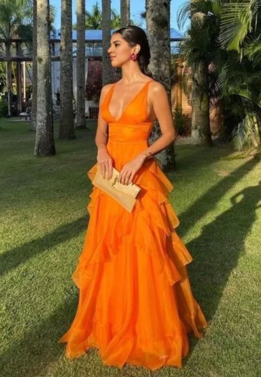 Elegant Orange V-neck Prom Dress A-Line Ruffles Evening Gown Chiffon Party Dress Wedding Guest Dress Long Formal Dress TP4734