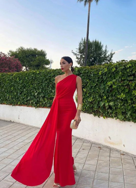 Elegant Red One-shoulder Prom Dress Sheath Evening Gown Chiffon Party Dress Wedding Long Formal Dress TP4732