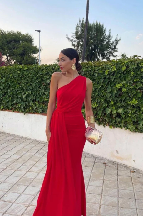 Elegant Red One-shoulder Prom Dress Sheath Evening Gown Chiffon Party Dress Wedding Long Formal Dress TP4732
