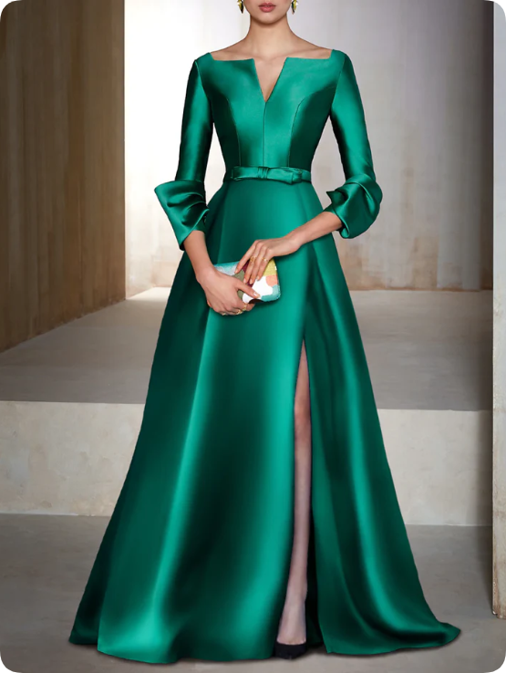 Elegant Satin Long-sleeve Prom Dress A-Line Evening Gown High Slit Party Dress Long Formal Dress TP4771