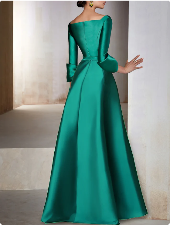 Elegant Satin Long-sleeve Prom Dress A-Line Evening Gown High Slit Party Dress Long Formal Dress TP4771
