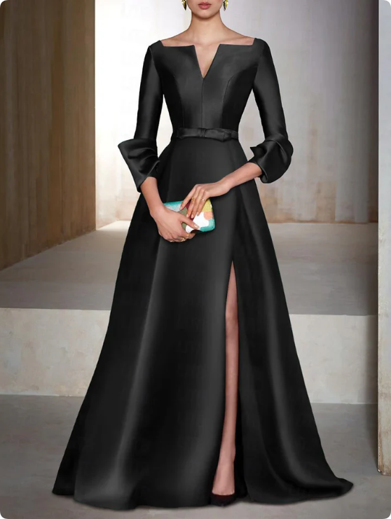 Elegant Satin Long-sleeve Prom Dress A-Line Evening Gown High Slit Party Dress Long Formal Dress TP4771
