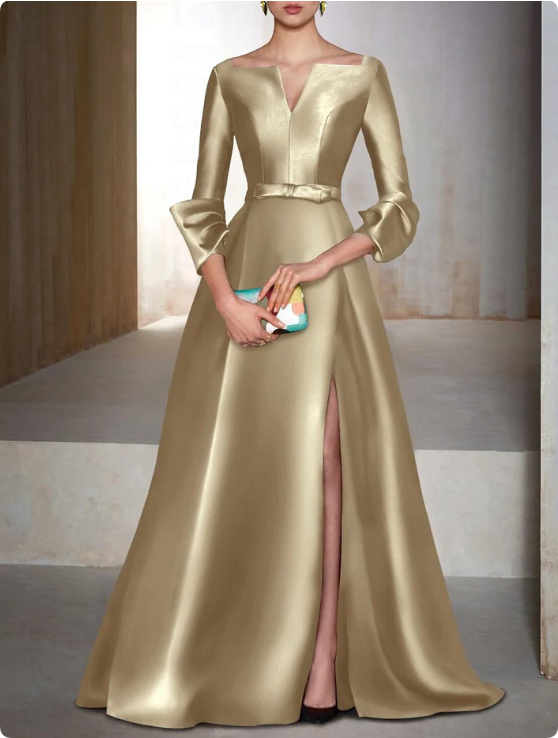 Elegant Satin Long-sleeve Prom Dress A-Line Evening Gown High Slit Party Dress Long Formal Dress TP4771
