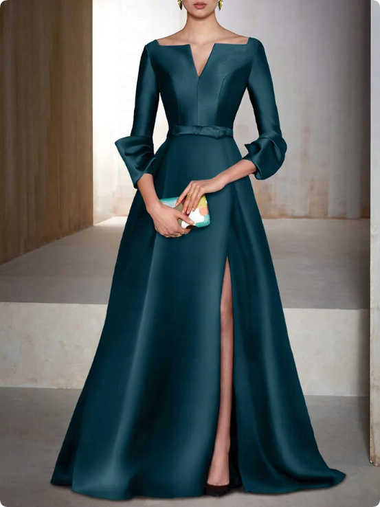 Elegant Satin Long-sleeve Prom Dress A-Line Evening Gown High Slit Party Dress Long Formal Dress TP4771