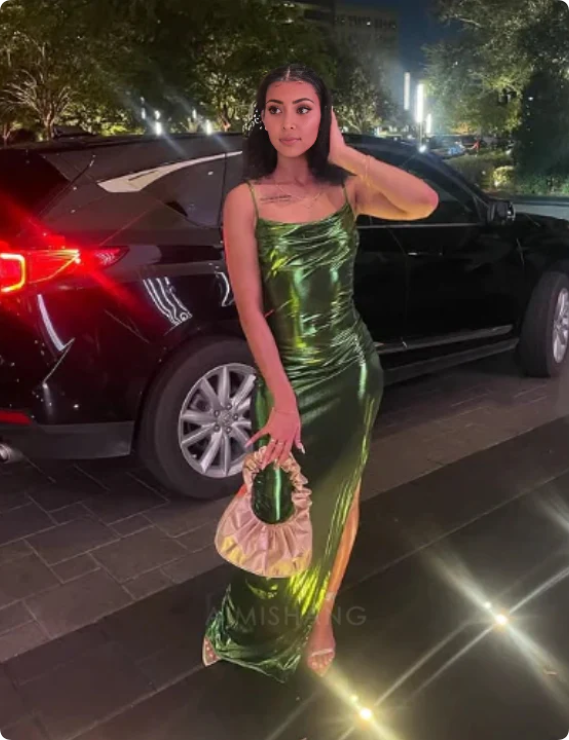 Elegant Green Spaghetti Strap Prom Dress Sheath Evening Gown High Slit Party Dress Long Formal Dress TP4770