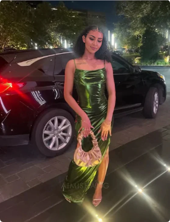 Elegant Green Spaghetti Strap Prom Dress Sheath Evening Gown High Slit Party Dress Long Formal Dress TP4770
