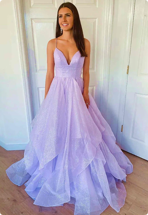 Vintage Lilac Glittering Tiered Spaghetti Strap Sweet 16 Quinceanera A-Line Floor-length Prom Dress Birthday Dress Evening Dress Ball Gown TP4769