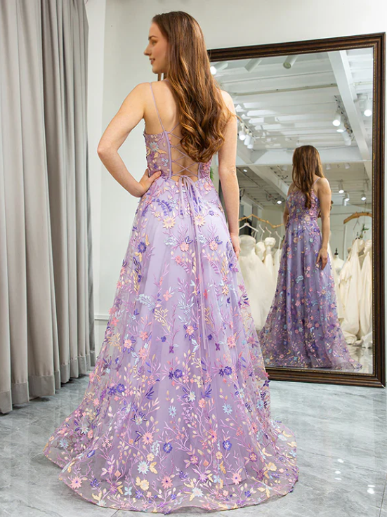 Elegant Floral Spaghetti Strap Prom Dress A-Line Applique Evening Gown High Slit Party Dress Long Formal Dress TP4763