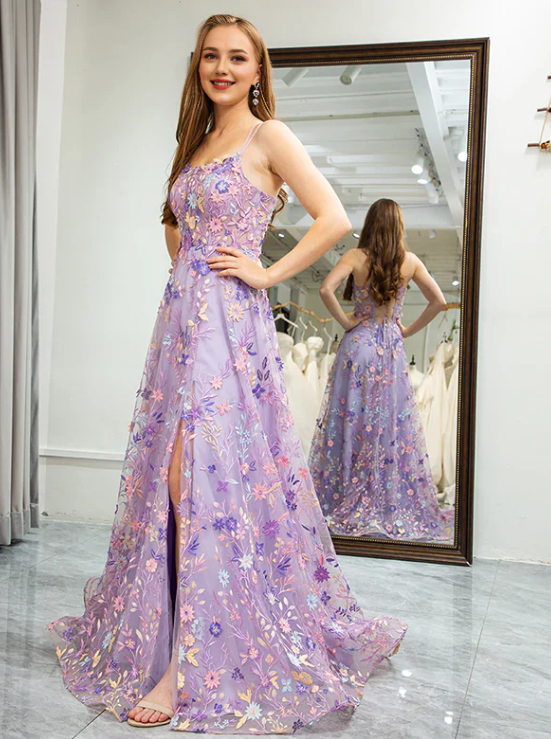 Elegant Floral Spaghetti Strap Prom Dress A-Line Applique Evening Gown High Slit Party Dress Long Formal Dress TP4763