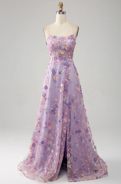 Elegant Floral Spaghetti Strap Prom Dress A-Line Applique Evening Gown High Slit Party Dress Long Formal Dress TP4763