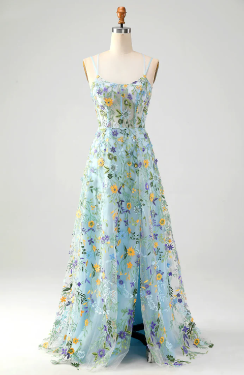Elegant Floral Spaghetti Strap Prom Dress A-Line Applique Evening Gown High Slit Party Dress Long Formal Dress TP4763
