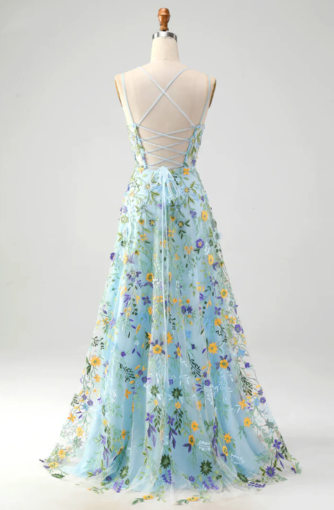 Elegant Floral Spaghetti Strap Prom Dress A-Line Applique Evening Gown High Slit Party Dress Long Formal Dress TP4763