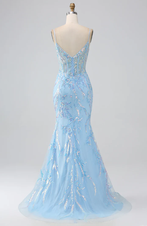 Elegant Light Blue Sequin Prom Dress Sheath V-neck Evening Gown Spaghetti Strap Party Dress Long Formal Dress TP4760