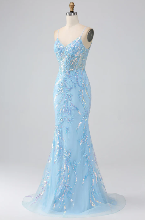 Elegant Light Blue Sequin Prom Dress Sheath V-neck Evening Gown Spaghetti Strap Party Dress Long Formal Dress TP4760