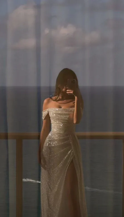 Elegant Shiny Off-the-shoulder Prom Dress Sheath Evening Gown High Slit Party Dress Long Formal Dress TP4758