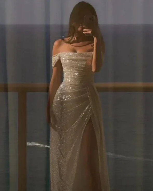 Elegant Shiny Off-the-shoulder Prom Dress Sheath Evening Gown High Slit Party Dress Long Formal Dress TP4758