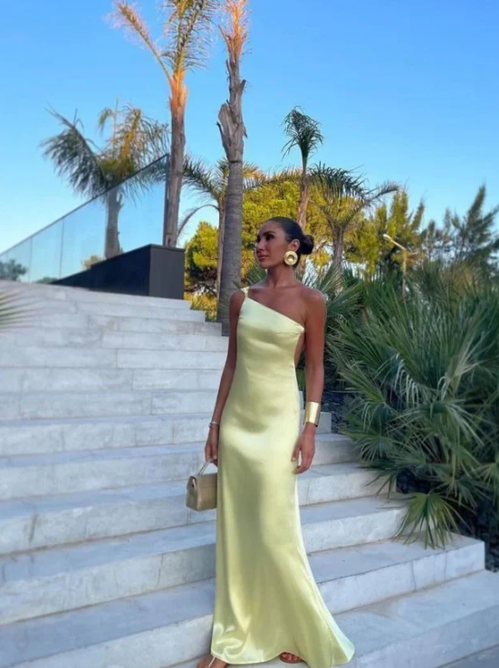 Elegant Yellow Satin Prom Dress One-shoulder Sheath Evening Gown Backless Party Dress Long Formal Dress TP4757