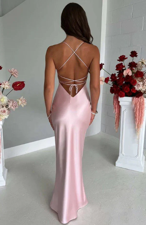 Elegant Pink Satin Prom Dress Sheath Evening Gown Backless Party Dress Long Formal Dress TP4792