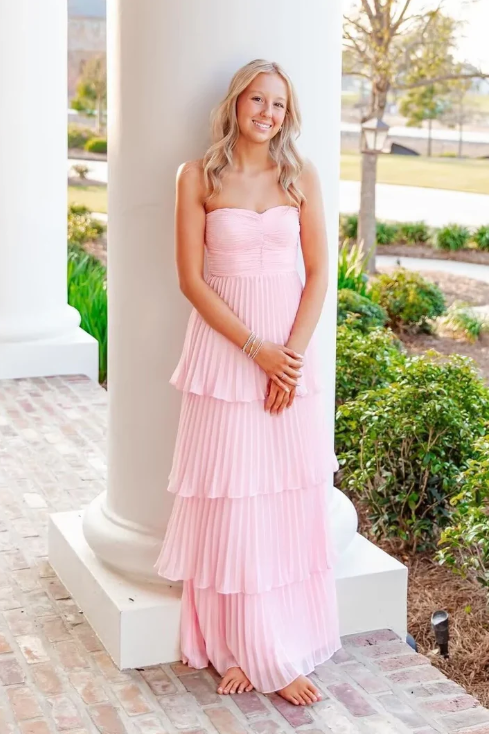 Elegant Chiffon Strapless Prom Dress Sheath Pleated Evening Gown Tiered Party Dress Long Formal Dress TP4791