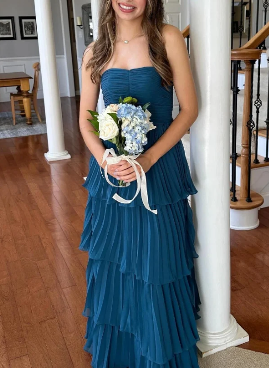 Elegant Chiffon Strapless Prom Dress Sheath Pleated Evening Gown Tiered Party Dress Long Formal Dress TP4791