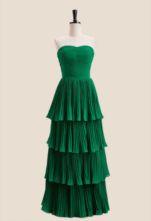 Elegant Chiffon Strapless Prom Dress Sheath Pleated Evening Gown Tiered Party Dress Long Formal Dress TP4791