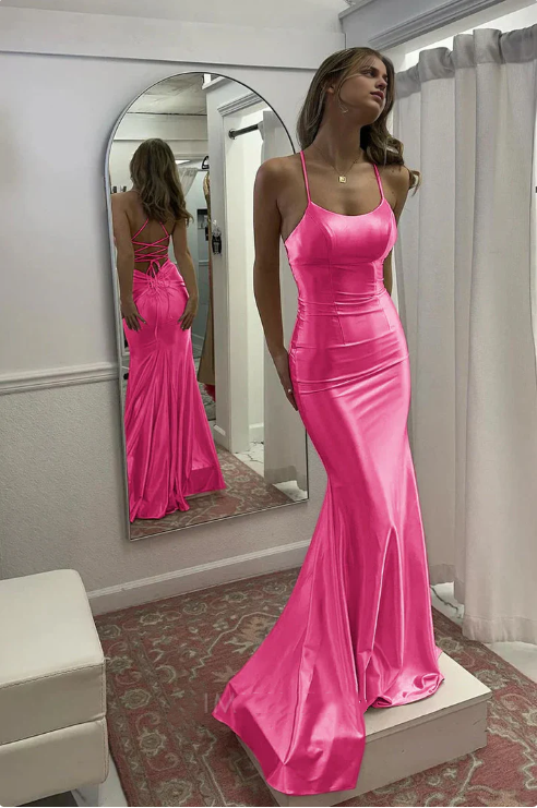 Elegant Satin Sheath Prom Dress Spaghetti Strap Evening Gown Party Dress Long Formal Dress TP4788