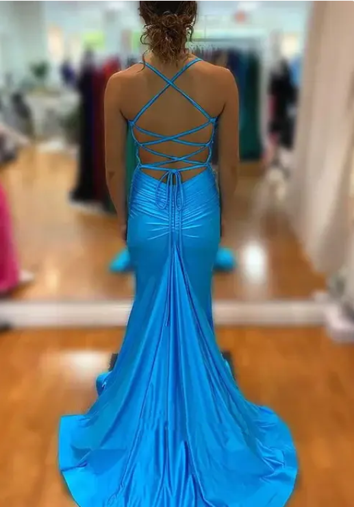 Elegant Blue Sheath Prom Dress Evening Gown High Slit Party Dress Long Formal Dress TP4785