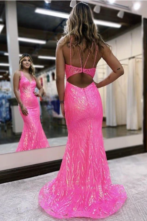 Elegant Sparkling Hot Pink Prom Dress V-neck Mermaid Evening Gown Party Dress Long Formal Dress TP4783