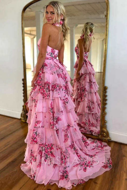 Elegant Pink Floral Prom Dress Halter-neck Evening Gown Chiffon High Slit Party Dress Long Formal Dress TP4780