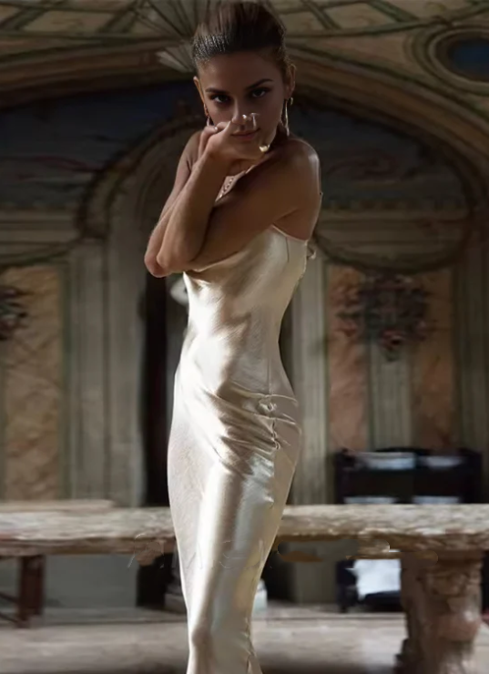 Elegant Champagne Satin Prom Dress Spaghetti Strap Evening Gown Sheath Backless Party Dress Long Formal Dress TP4779