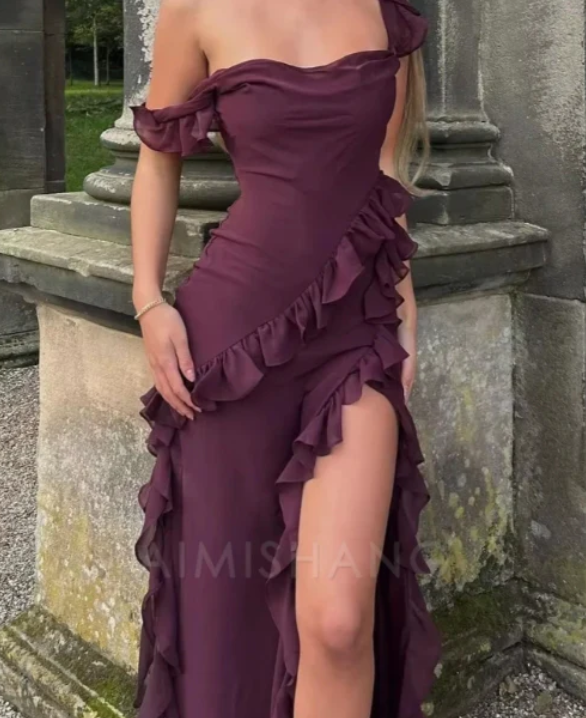 Elegant Purple Ruffled Prom Dress Sheath Evening Gown High Slit Party Dress Long Formal Dress TP4777