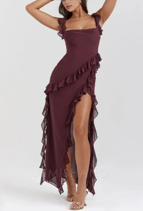 Elegant Purple Ruffled Prom Dress Sheath Evening Gown High Slit Party Dress Long Formal Dress TP4777