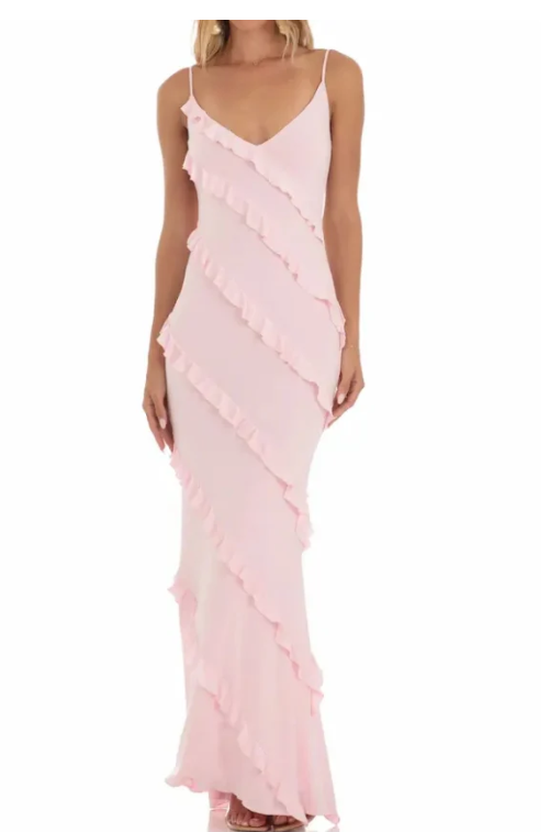 Elegant Pink Ruffled Prom Dress Sheath Evening Gown V-neck Party Dress Long Formal Dress TP4776